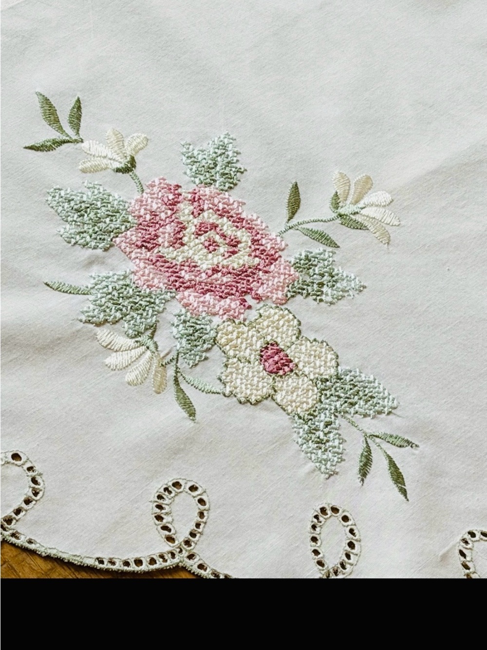 Set (2) Vintage Embroidered Floral Cottagecore Valances. Ecru | Cross Stitched